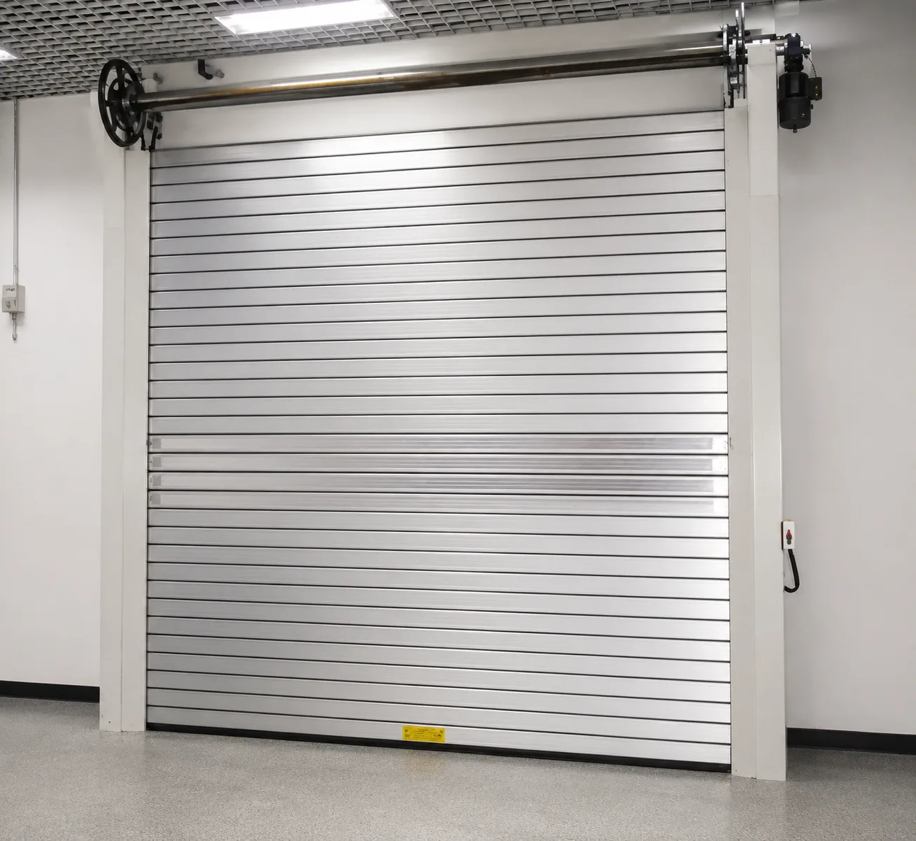Silver aluminum electric roller shutter with horizontal louver texture