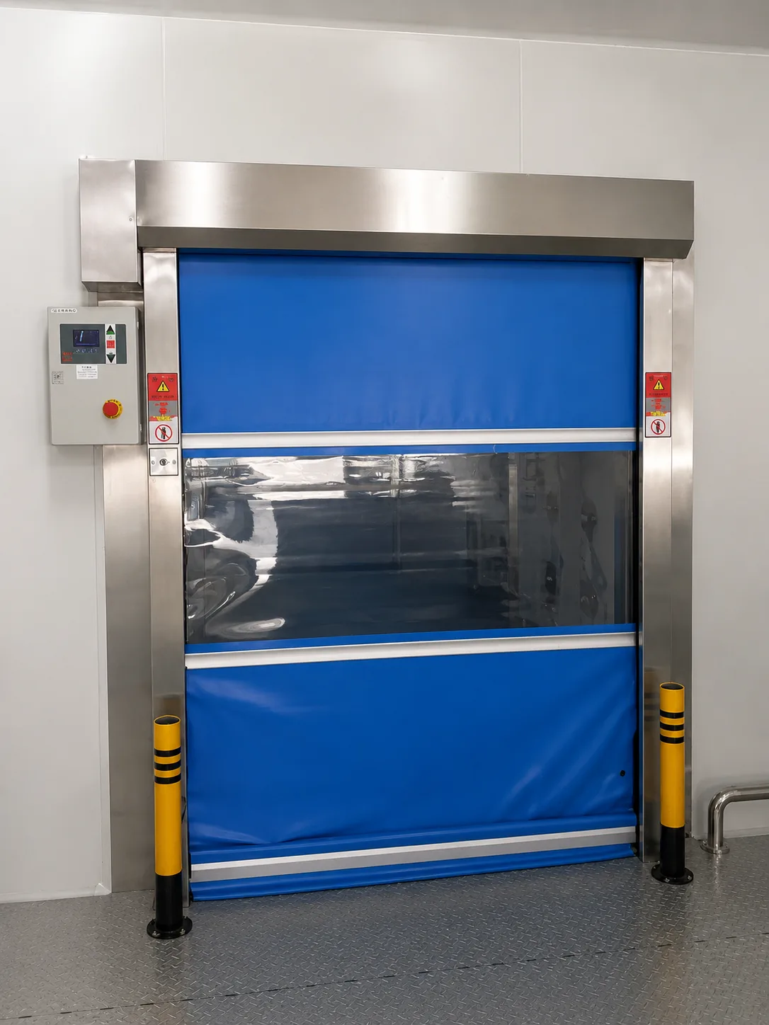 Blue PVC high-speed roll-up door with vision window for clean rooms