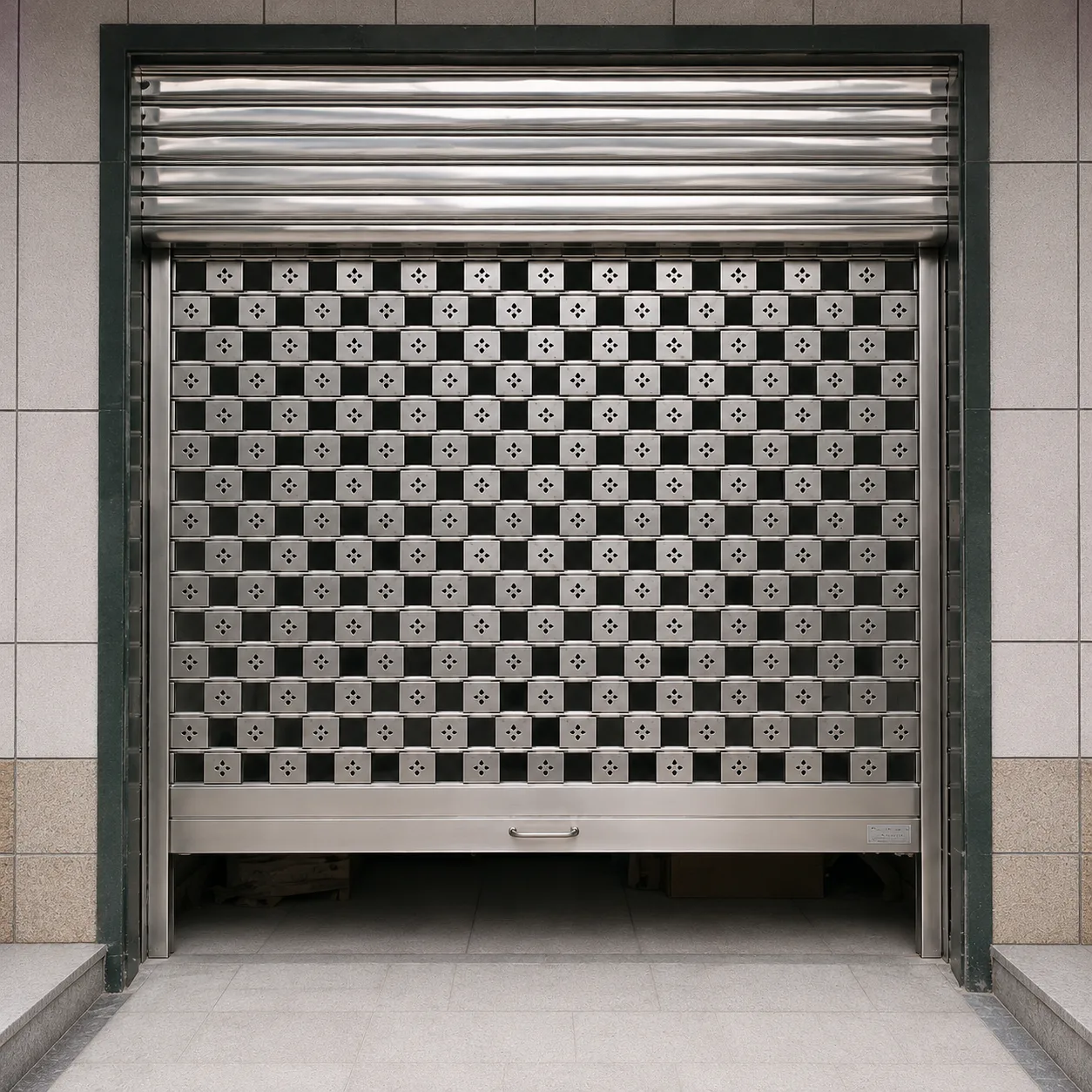 Perforated stainless-steel rolling shutter combining ventilation and security
