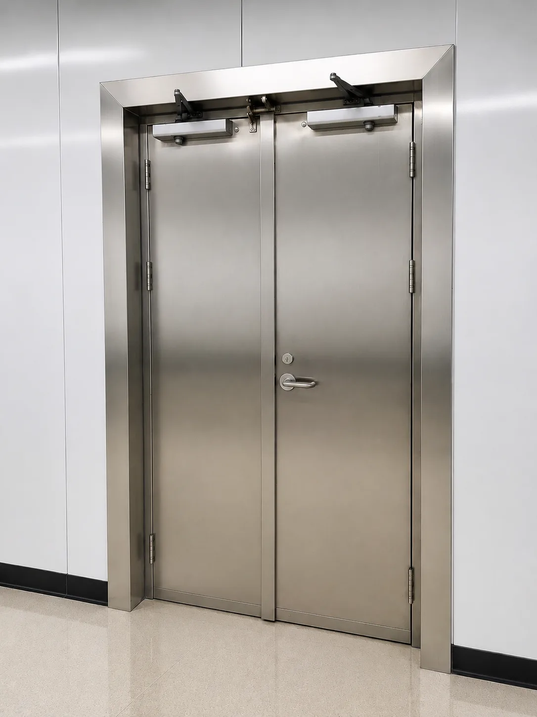 Brushed stainless-steel double fire door with door closer and panic push bar for public buildings