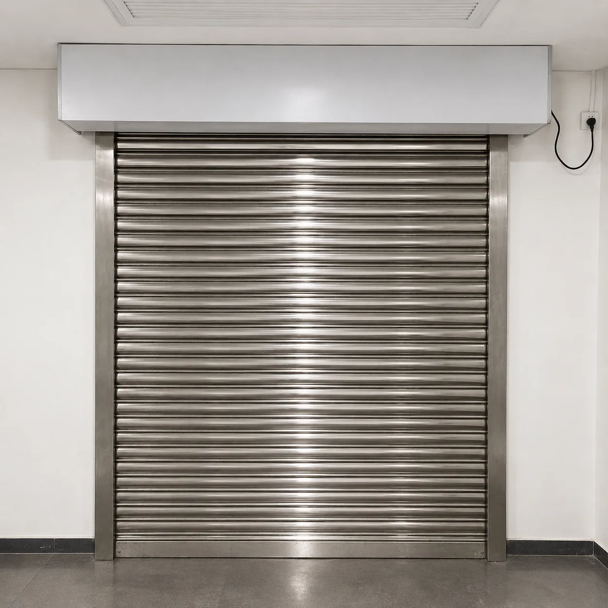 Stainless-steel roller shutter with curved slats for corrosive or premium sites